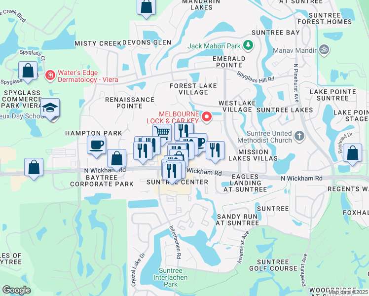 map of restaurants, bars, coffee shops, grocery stores, and more near 7720 North Wickham Road in Melbourne