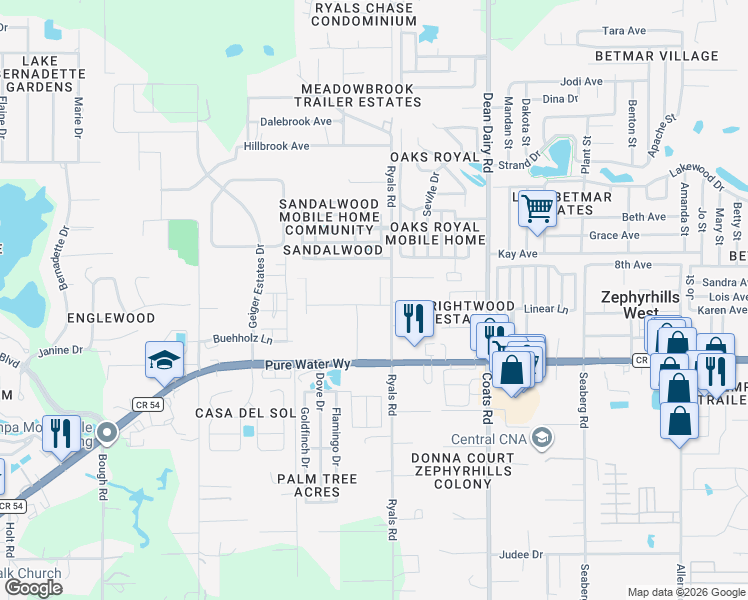 map of restaurants, bars, coffee shops, grocery stores, and more near 5152 Ryals Road in Zephyrhills