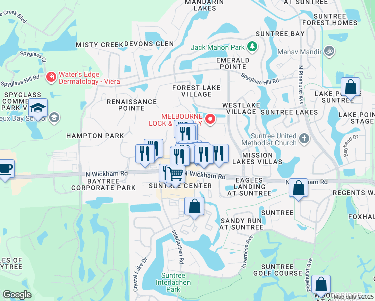 map of restaurants, bars, coffee shops, grocery stores, and more near 7720 North Wickham Road in Melbourne
