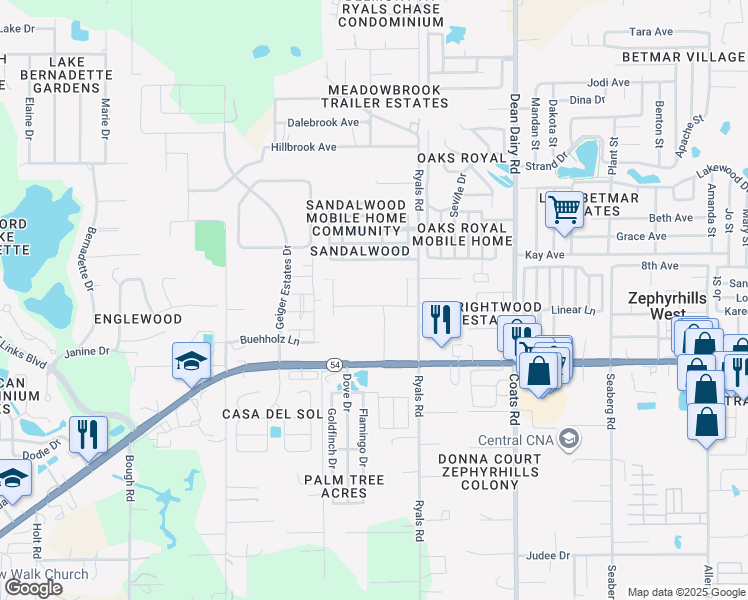 map of restaurants, bars, coffee shops, grocery stores, and more near 36211 Highway 54 in Zephyrhills