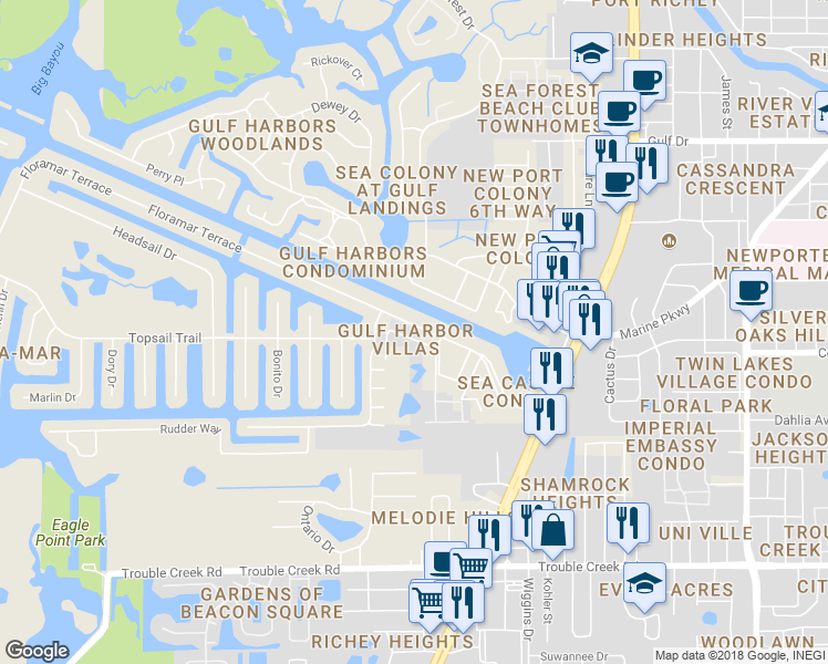 map of restaurants, bars, coffee shops, grocery stores, and more near 4713 Casswell Drive in New Port Richey