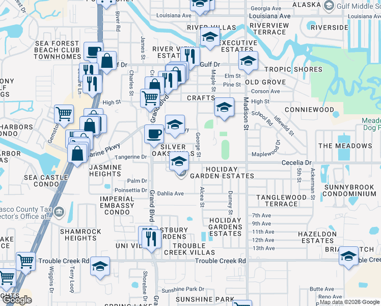 map of restaurants, bars, coffee shops, grocery stores, and more near 5023 Thames Drive in New Port Richey