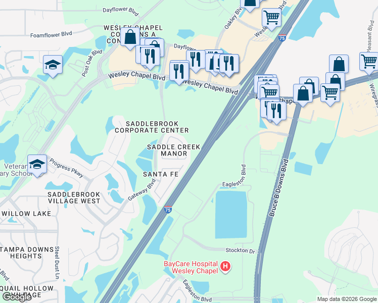 map of restaurants, bars, coffee shops, grocery stores, and more near 27637 Pleasure Ride Loop in Wesley Chapel
