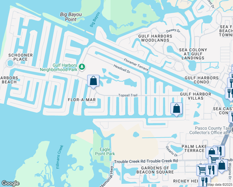 map of restaurants, bars, coffee shops, grocery stores, and more near 4025 Topsail Trail in New Port Richey