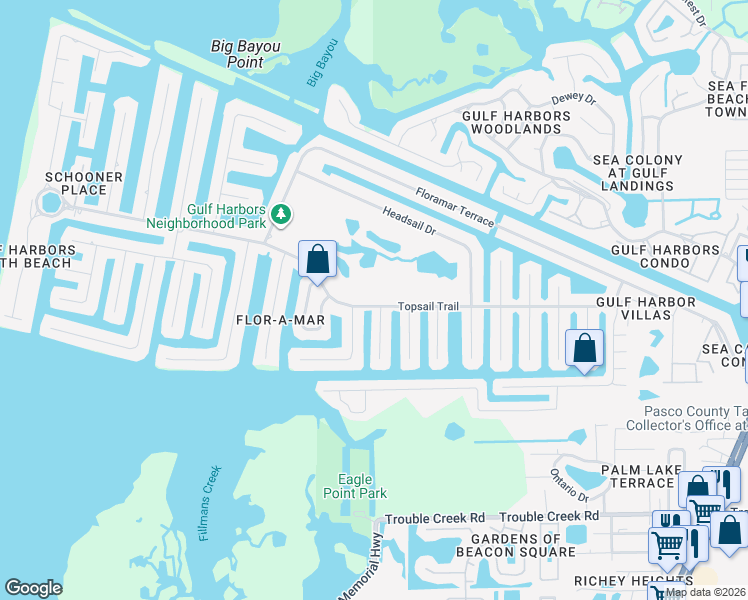 map of restaurants, bars, coffee shops, grocery stores, and more near 4025 Topsail Trail in New Port Richey