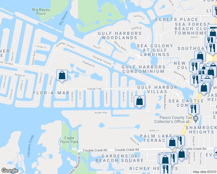 map of restaurants, bars, coffee shops, grocery stores, and more near 4243 Headsail Drive in New Port Richey