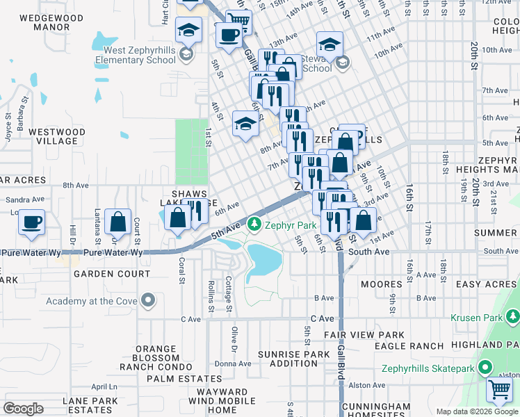 map of restaurants, bars, coffee shops, grocery stores, and more near 5154 4th Street in Zephyrhills