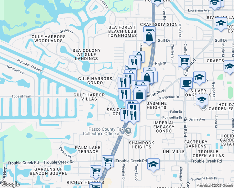 map of restaurants, bars, coffee shops, grocery stores, and more near 5157 Silent Loop in New Port Richey