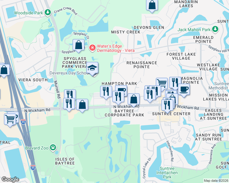 map of restaurants, bars, coffee shops, grocery stores, and more near 1411 Hampton Park Lane in Melbourne