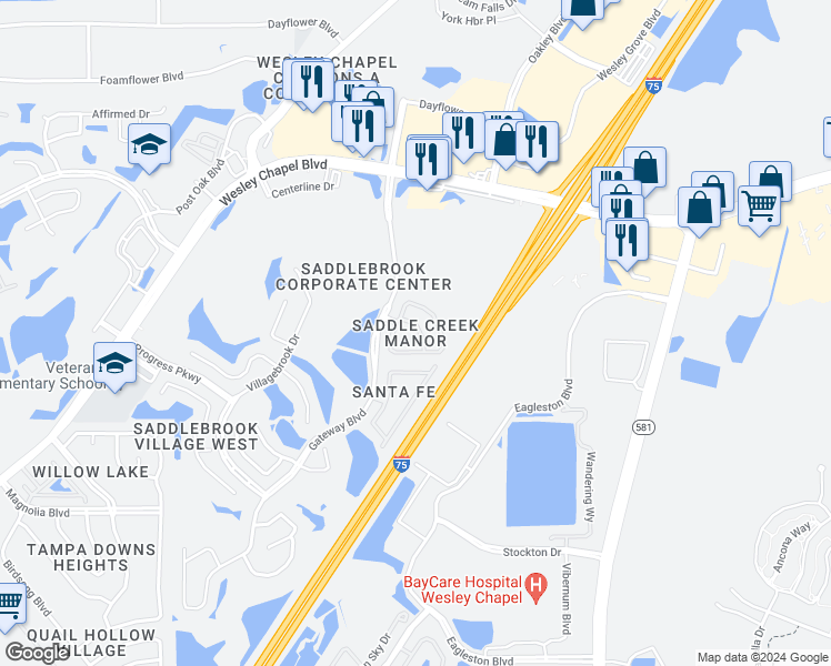 map of restaurants, bars, coffee shops, grocery stores, and more near 5211 Blue Roan Way in Wesley Chapel