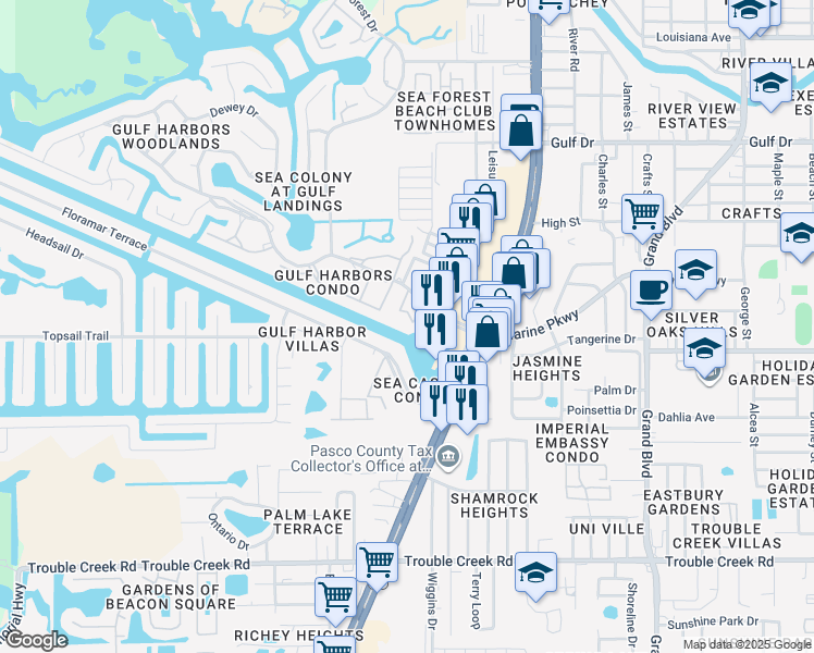 map of restaurants, bars, coffee shops, grocery stores, and more near 5157 Silent Loop in New Port Richey