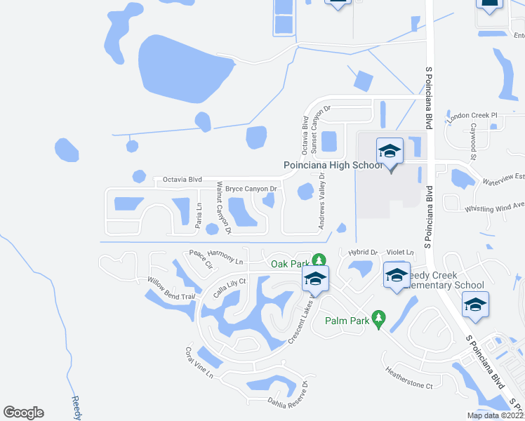 map of restaurants, bars, coffee shops, grocery stores, and more near 2307 Walnut Canyon Drive in Kissimmee
