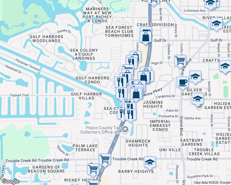 map of restaurants, bars, coffee shops, grocery stores, and more near 5157 Silent Loop in New Port Richey
