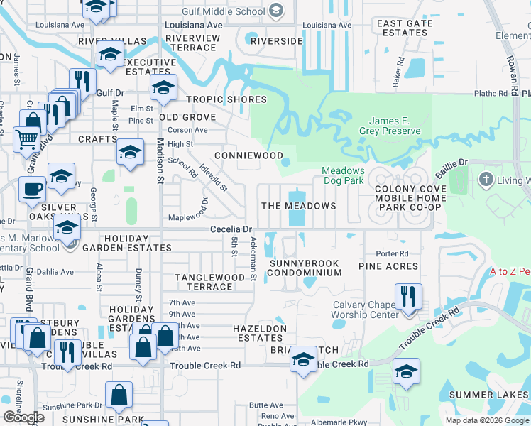map of restaurants, bars, coffee shops, grocery stores, and more near 5051 Brookside Lane in New Port Richey
