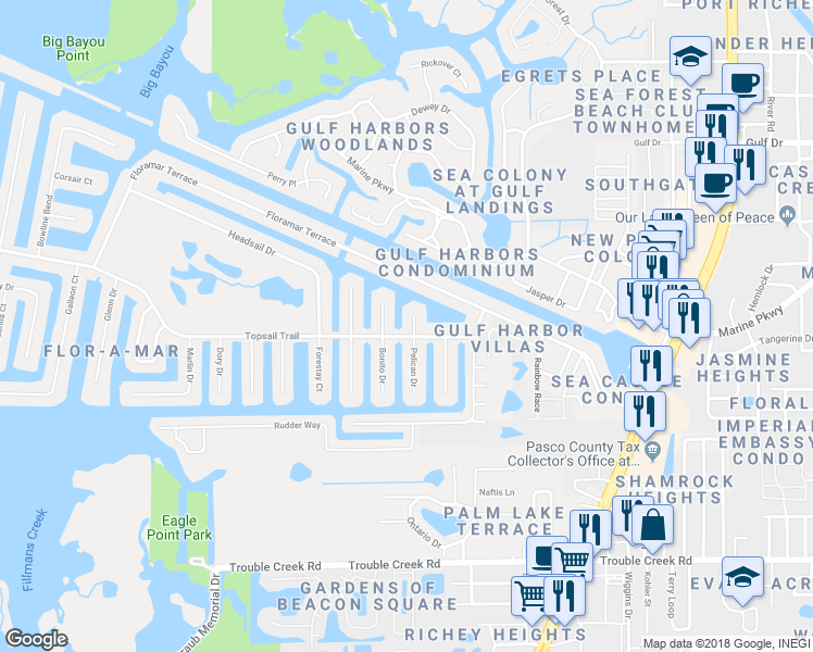 map of restaurants, bars, coffee shops, grocery stores, and more near 5039 Pelican Drive in New Port Richey