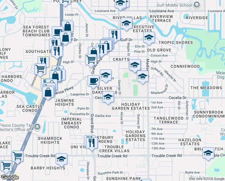 map of restaurants, bars, coffee shops, grocery stores, and more near 5030 Overlook Drive in New Port Richey