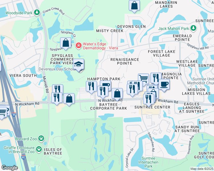 map of restaurants, bars, coffee shops, grocery stores, and more near 1371 Hampton Park Lane in Melbourne