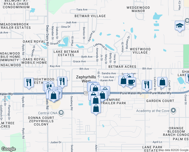 map of restaurants, bars, coffee shops, grocery stores, and more near 5143 Crooked Lane in Zephyrhills