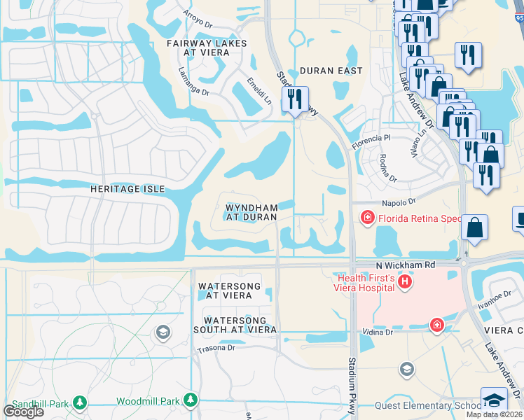 map of restaurants, bars, coffee shops, grocery stores, and more near 2819 Wyndham Way in Melbourne