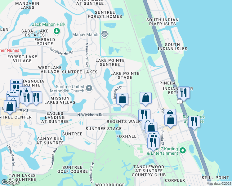 map of restaurants, bars, coffee shops, grocery stores, and more near 265 Bayhead Drive in Melbourne