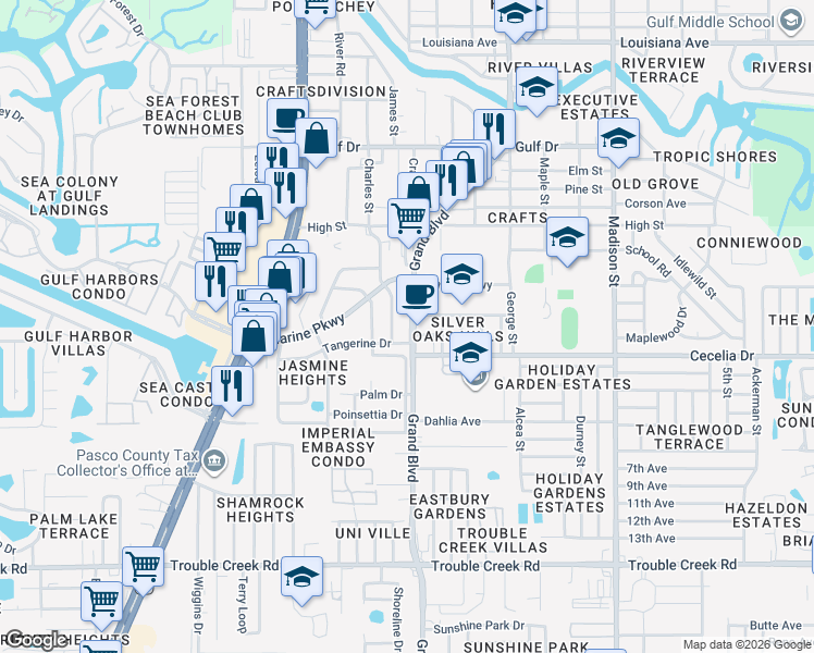 map of restaurants, bars, coffee shops, grocery stores, and more near 5051 Grand Boulevard in New Port Richey