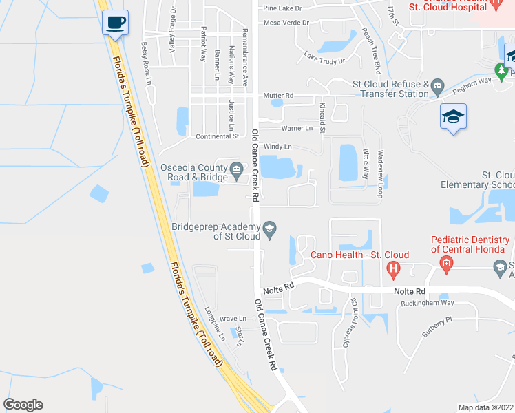 map of restaurants, bars, coffee shops, grocery stores, and more near Old Canoe Creek Road in St. Cloud