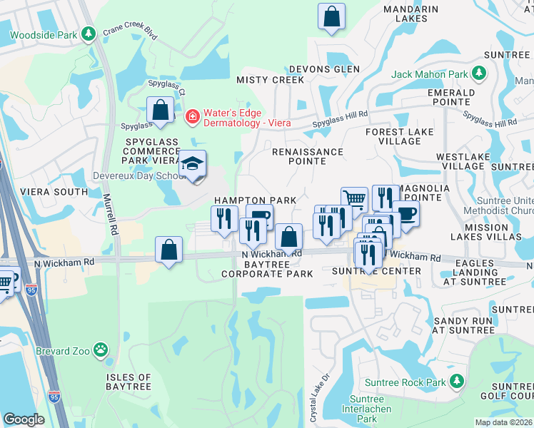 map of restaurants, bars, coffee shops, grocery stores, and more near 1361 Hampton Park Lane in Melbourne