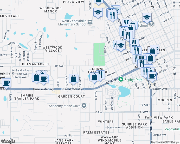 map of restaurants, bars, coffee shops, grocery stores, and more near 5136 Shady Rest Lane in Zephyrhills