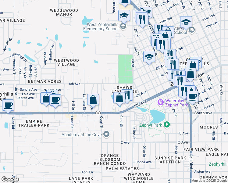 map of restaurants, bars, coffee shops, grocery stores, and more near 5136 Shady Rest Lane in Zephyrhills