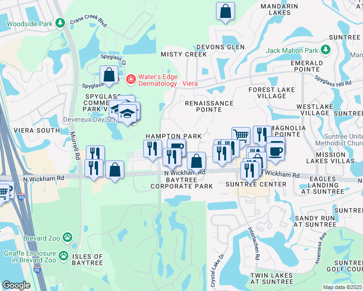 map of restaurants, bars, coffee shops, grocery stores, and more near 1361 Hampton Park Lane in Melbourne