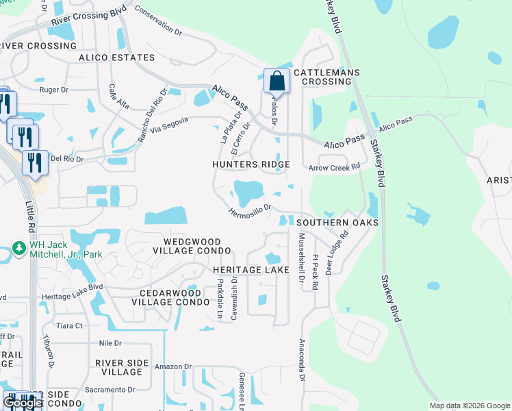 map of restaurants, bars, coffee shops, grocery stores, and more near 9849 Hermosillo Drive in New Port Richey