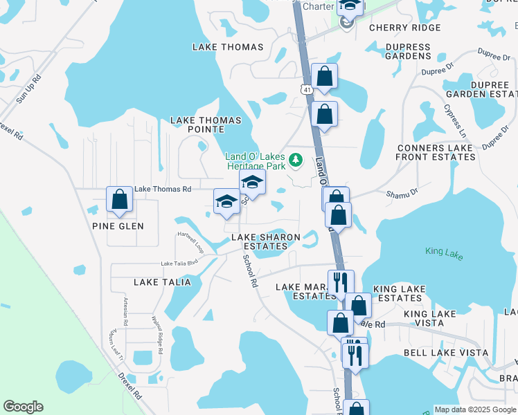 map of restaurants, bars, coffee shops, grocery stores, and more near 5126 School Road in Land O' Lakes
