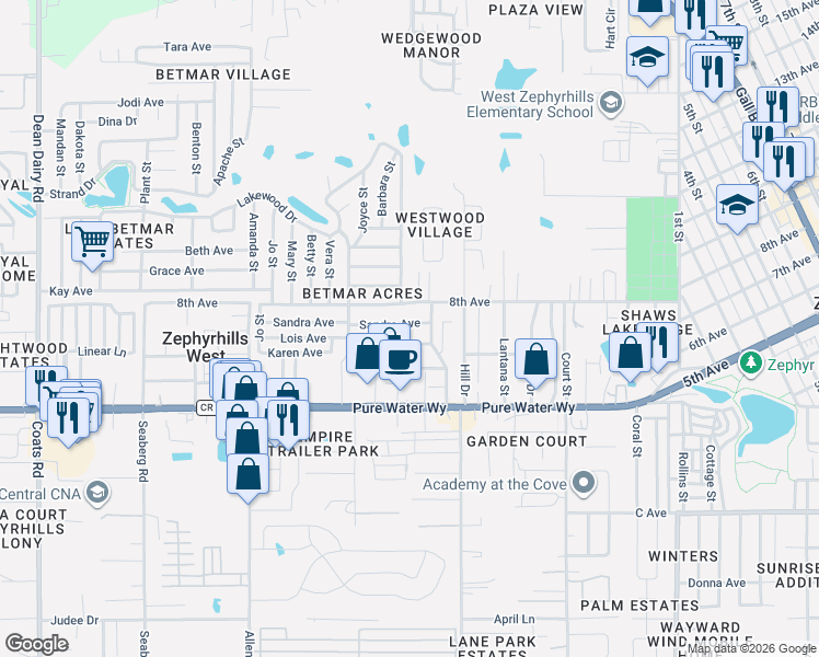 map of restaurants, bars, coffee shops, grocery stores, and more near 37338 Sandra Avenue in Zephyrhills