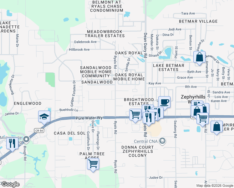 map of restaurants, bars, coffee shops, grocery stores, and more near 5152 Ryals Road in Zephyrhills