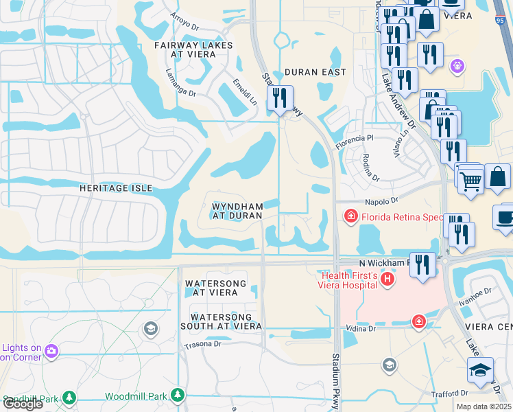 map of restaurants, bars, coffee shops, grocery stores, and more near 2819 Wyndham Way in Melbourne