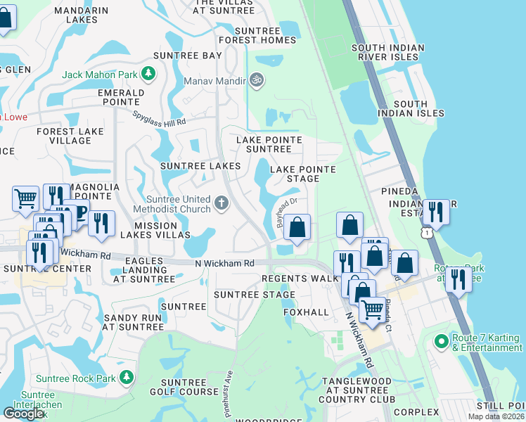 map of restaurants, bars, coffee shops, grocery stores, and more near 280 Bayhead Drive in Melbourne