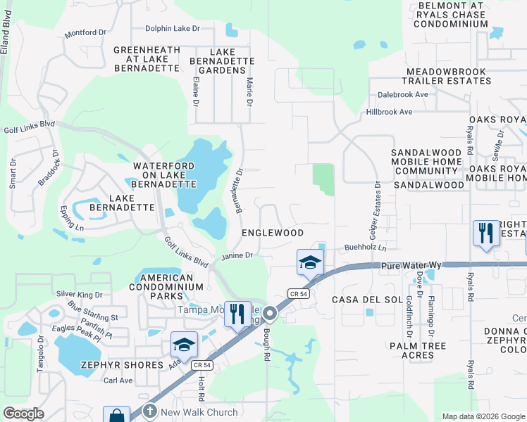map of restaurants, bars, coffee shops, grocery stores, and more near 5152 Englewood Lane in Zephyrhills