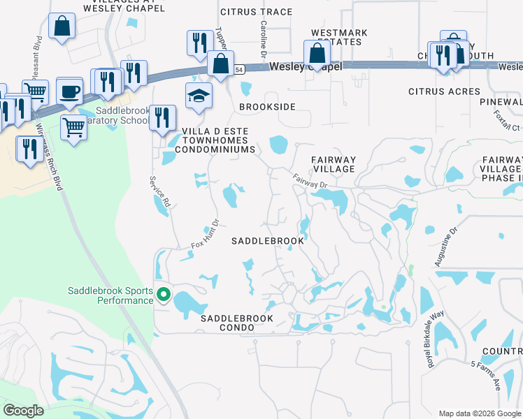 map of restaurants, bars, coffee shops, grocery stores, and more near 5217 Saddlebrook Way in Zephyrhills