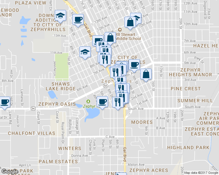 map of restaurants, bars, coffee shops, grocery stores, and more near 38338 5th Avenue in Zephyrhills
