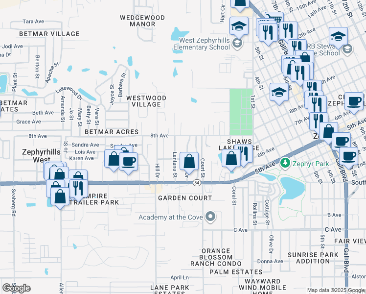 map of restaurants, bars, coffee shops, grocery stores, and more near 5155 Studio Drive in Zephyrhills