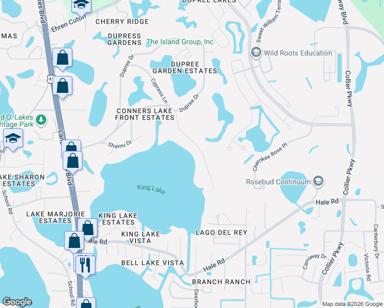 map of restaurants, bars, coffee shops, grocery stores, and more near 5255 Conner Drive in Land O' Lakes