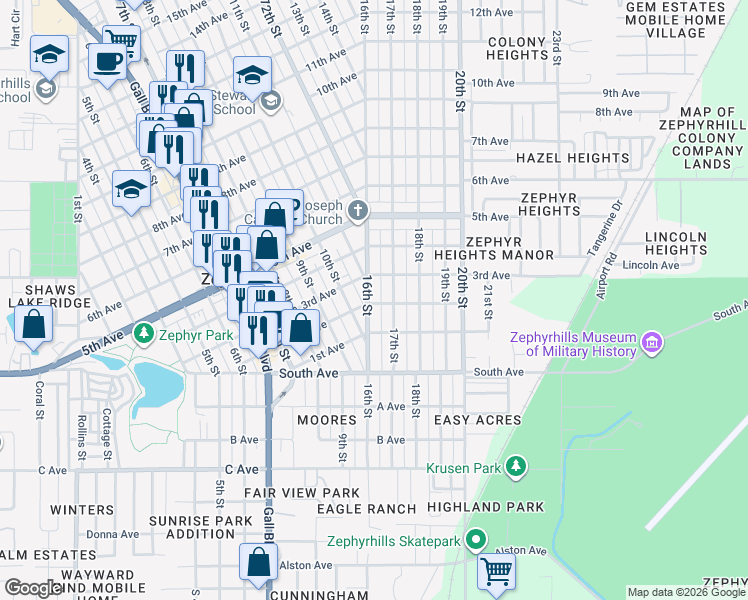map of restaurants, bars, coffee shops, grocery stores, and more near 5152 16th Street in Zephyrhills