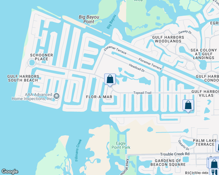 map of restaurants, bars, coffee shops, grocery stores, and more near 3848 Topsail Trail in NEW PRT RCHY