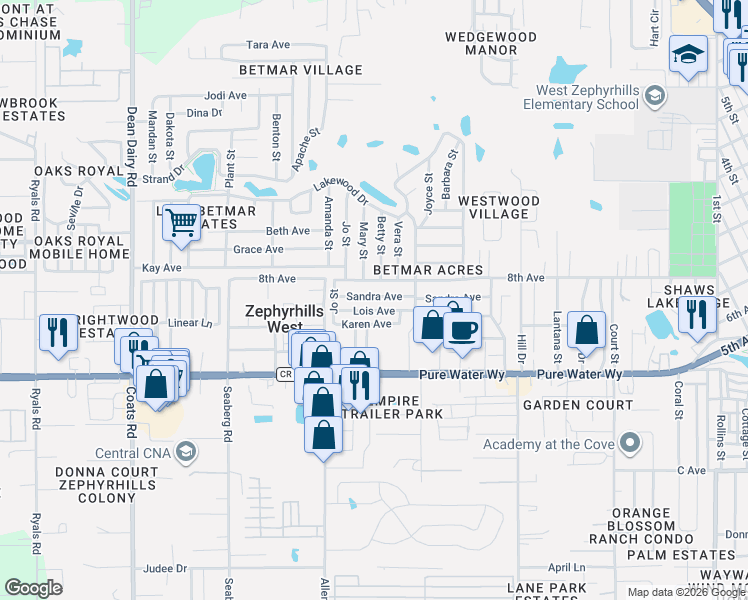 map of restaurants, bars, coffee shops, grocery stores, and more near 37108 Sandra Avenue in Zephyrhills