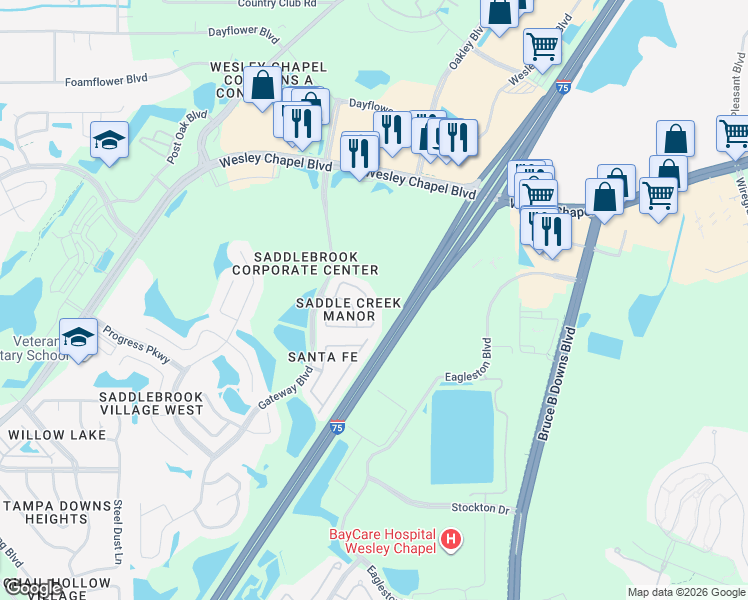 map of restaurants, bars, coffee shops, grocery stores, and more near 27637 Pleasure Ride Loop in Wesley Chapel