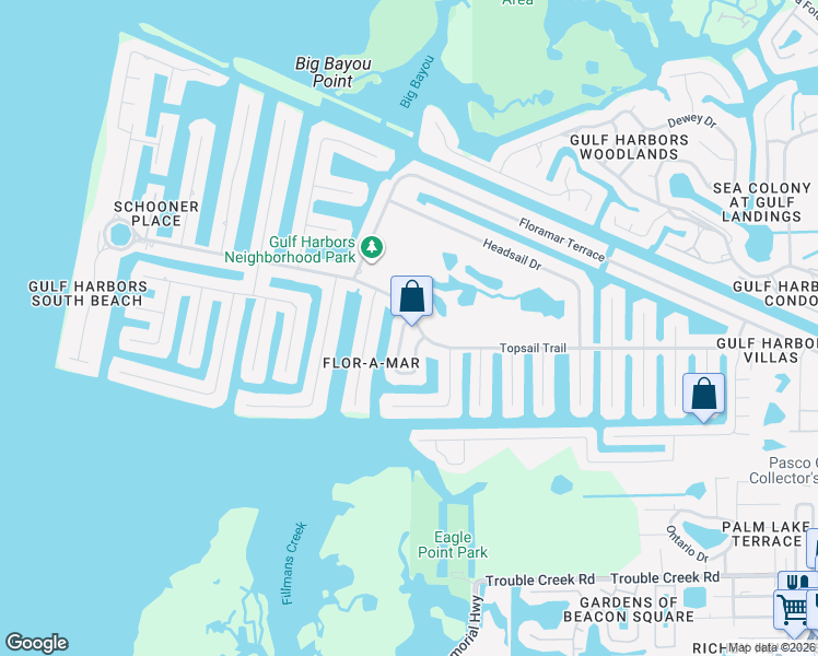map of restaurants, bars, coffee shops, grocery stores, and more near 3848 Topsail Trail in Port Richey