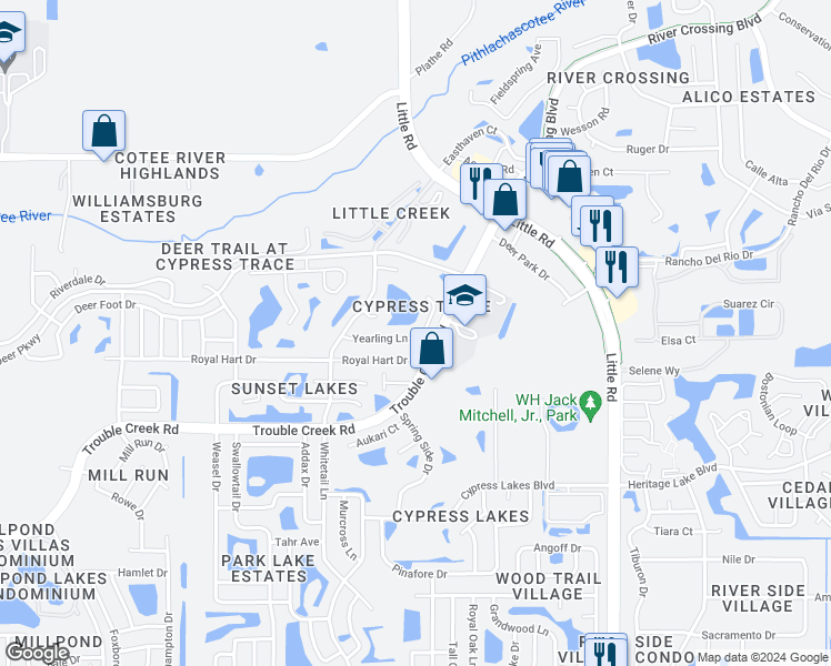 map of restaurants, bars, coffee shops, grocery stores, and more near 8515 Yearling Lane in New Port Richey