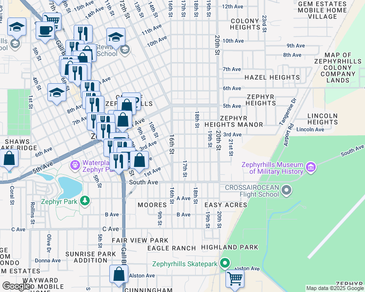 map of restaurants, bars, coffee shops, grocery stores, and more near 5153 17th Street in Zephyrhills