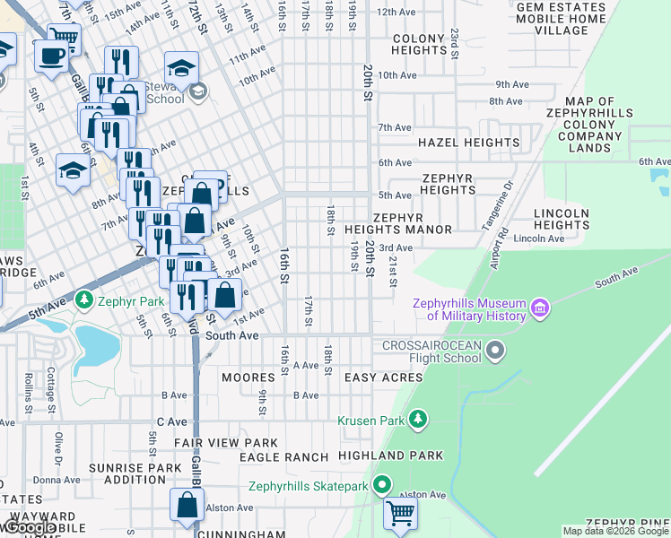 map of restaurants, bars, coffee shops, grocery stores, and more near 5150 18th Street in Zephyrhills