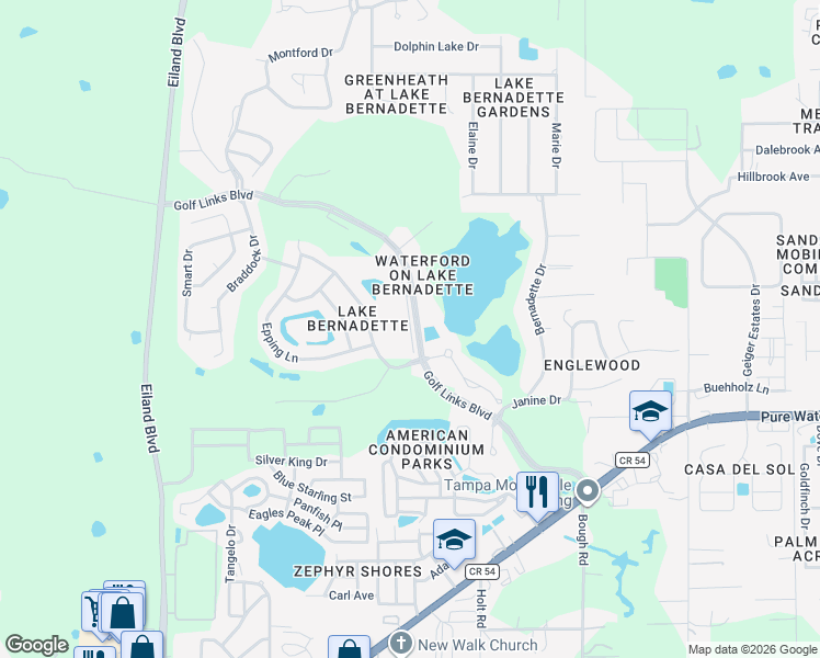 map of restaurants, bars, coffee shops, grocery stores, and more near 5205 Lochmead Terrace in Zephyrhills